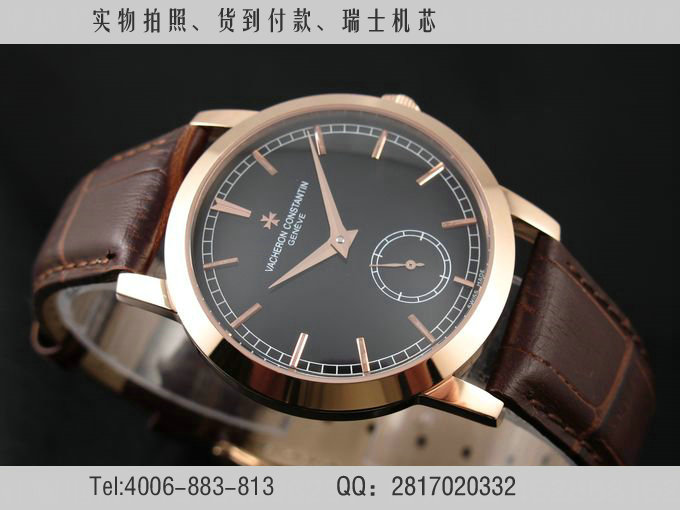 江诗丹顿男表 传承系列 自动机械小秒针18k玫瑰金真皮休闲白面条丁